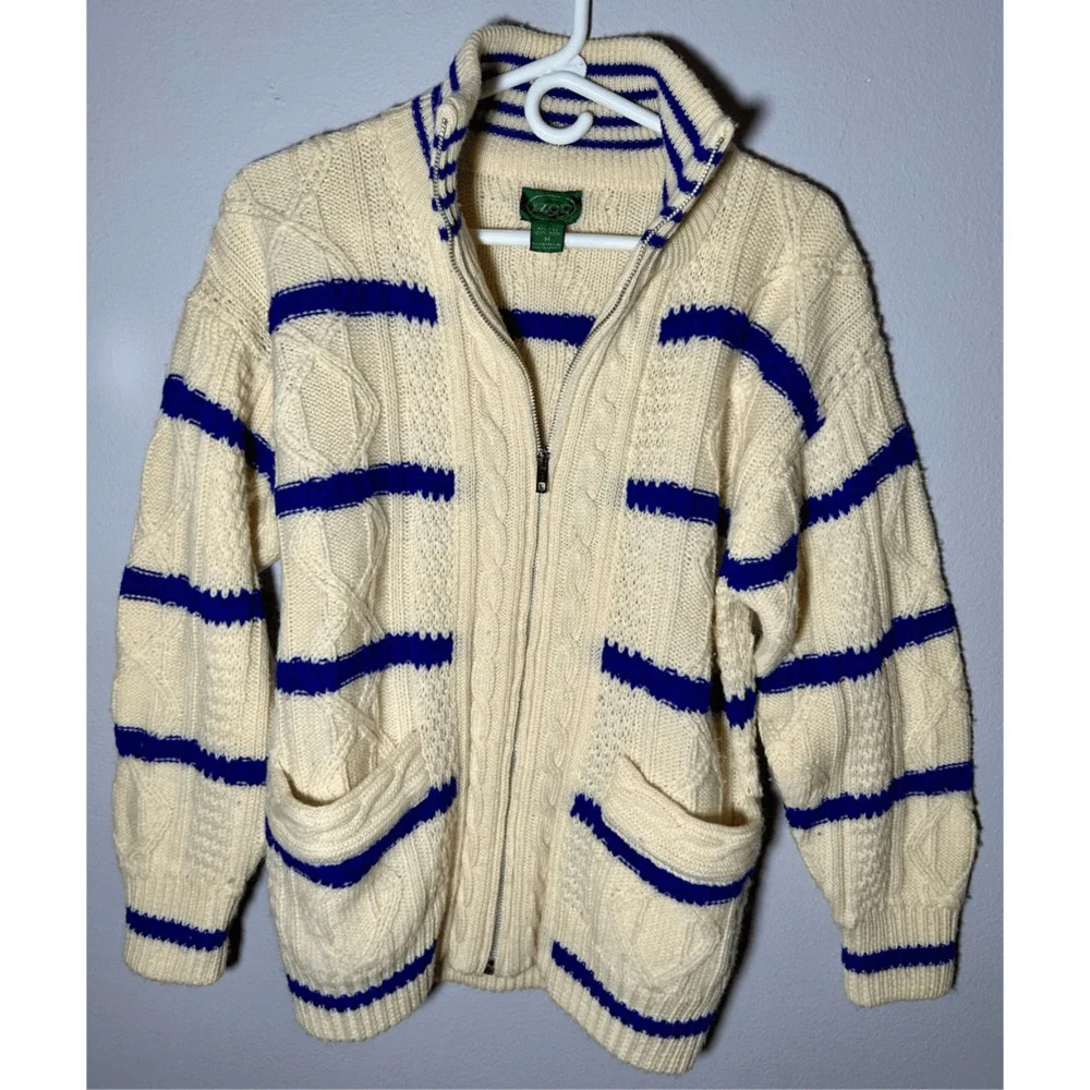 Vintage Izod 100% wool sweater Full Zip cable knit fisherman SZ Medium WPL 1100
